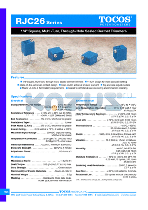 RJC26W100K datasheet - 1/4 Square, Multi-Turn, Through-Hole Sealed Cermet Trimmers