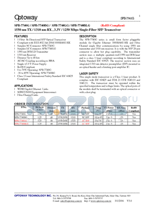 SPB-7740LG datasheet - 1550 nm TX / 1310 nm RX , 3.3V / 1250 Mbps Single-Fiber SFP Transceiver