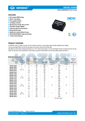 MSCW01-05S15 datasheet - DC/DC CONVERTER 1W Ultra compact SMD Package Wide 2:1 lnput Range