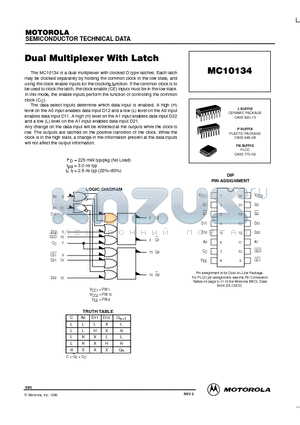 MC10134 datasheet - DUAL MULTIPLEXER WITH LATCH
