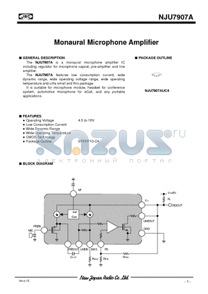 NJU7907A datasheet - Monaural Microphone Amplifier