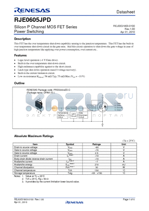 RJE0605JPD datasheet - Silicon P Channel MOS FET Series Power Switching