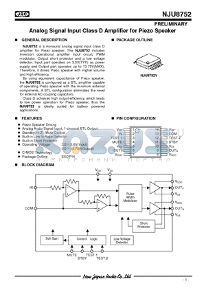 NJU8752 datasheet - Analog Signal Input Class D Amplifier for Piezo Speaker