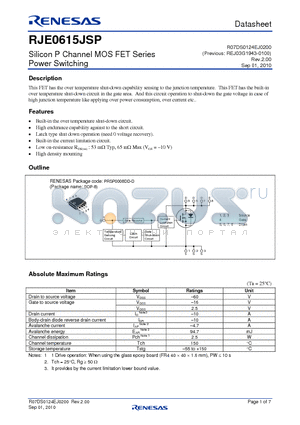 RJE0615JSP datasheet - Silicon P Channel MOS FET Series Power Switching