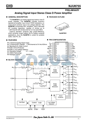 NJU8755 datasheet - Analog Signal Input Stereo Class D Power Amplifier