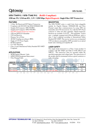 SPB-7760WG datasheet - 1550 nm TX / 1310 nm RX , 3.3V / 1250 Mbps Digital Diagnostic Single-Fiber SFP Transceiver