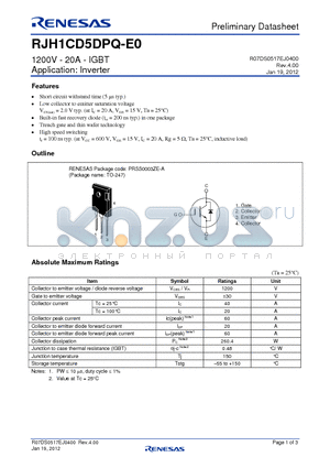 RJH1CD5DPQ-E0 datasheet - 1200V - 20A - IGBT Application: Inverter