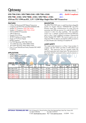 SPB-7780L-1510G datasheet - 1510 nm TX / 1590 nm RX , 3.3V / 1250 Mbps Single-Fiber SFP Transceiver