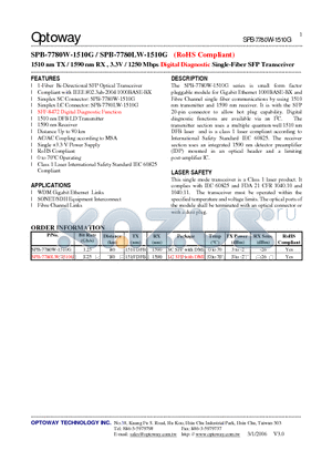 SPB-7780LW-1510G datasheet - 1510 nm TX / 1590 nm RX , 3.3V / 1250 Mbps Digital Diagnostic Single-Fiber SFP Transceiver