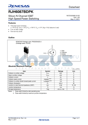 RJH6087BDPK datasheet - Silicon N Channel IGBT High Speed Power Switching