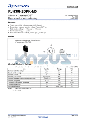 RJH30H2DPK-M0 datasheet - Silicon N Channel IGBT High speed power switching