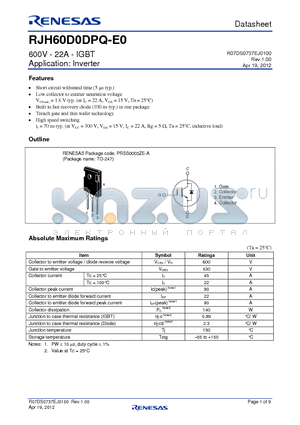 RJH60D0DPQ-E0 datasheet - 600V - 22A - IGBT Application: Inverter