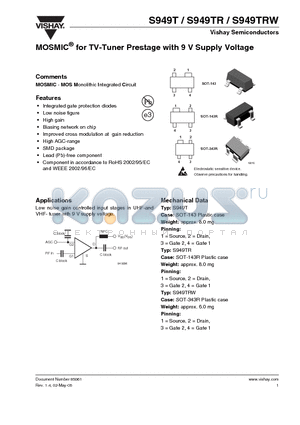 S949TR datasheet - MOSMIC for TV-Tuner Prestage with 9 V Supply Voltage