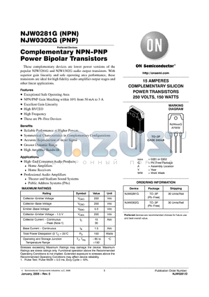 NJW0281G datasheet - Complementary NPN-PNP Power Bipolar Transistors