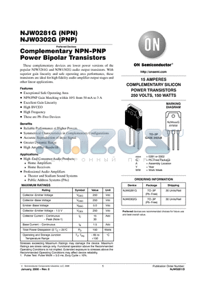 NJW0302G datasheet - Complementary NPN-PNP Power Bipolar Transistors