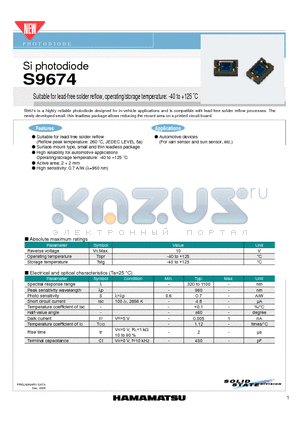 S9674 datasheet - Si photodiode Suitable for lead-free solder reflow, operating/storage temperature: -40 to 125 `C