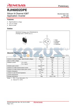 RJH60D2DPE datasheet - Silicon N Channel IGBT Application: Inverter