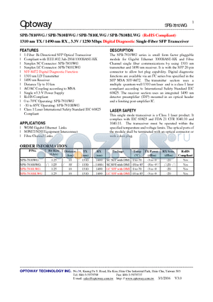 SPB-7810WG datasheet - 1310 nm TX / 1490 nm RX , 3.3V / 1250 Mbps Digital Diagnostic Single-Fiber SFP Transceiver