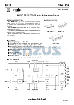 NJW1136 datasheet - AUDIO PROCESSOR with Subwoofer Output