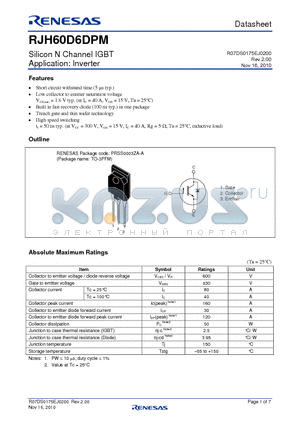 RJH60D6DPM datasheet - Silicon N Channel IGBT Application: Inverter
