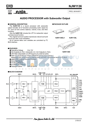 NJW1136L datasheet - AUDIO PROCESSOR with Subwoofer Output