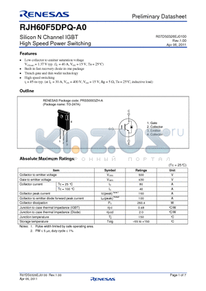 RJH60F5DPQ-A0-T0 datasheet - Silicon N Channel IGBT High Speed Power Switching