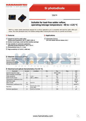 S9674 datasheet - Suitable for lead-free solder refl ow, operating/storage temperature: -40 to 125 `C
