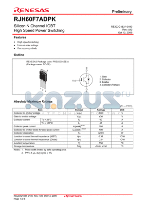 RJH60F7ADPK-00-T0 datasheet - Silicon N Channel IGBT High Speed Power Switching