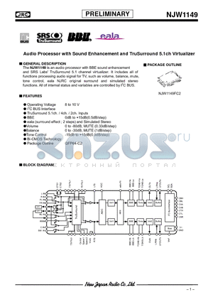 NJW1149 datasheet - Audio Processor with Sound Enhancement and TruSurround 5.1ch Virtualizer
