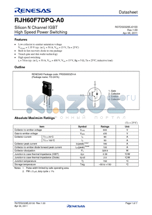 RJH60F7DPQ-A0-T0 datasheet - Silicon N Channel IGBT High Speed Power Switching