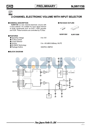 NJW1156 datasheet - 2-CHANNEL ELECTRONIC VOLUME WITH INPUT SELECTOR