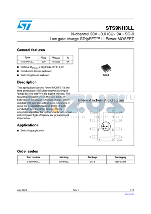 S9NH3LL datasheet - N-channel 30V - 0.018ohm - 9A - SO-8 Low gate charge STripFET TM III Power MOSFET