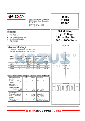 R1800 datasheet - 500 Milliamp High Voltage Silicon Rectifier 1200 to 2000 Volts