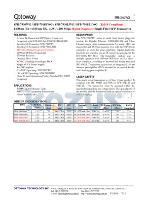 SPB-7910BWG datasheet - 1490 nm TX / 1310 nm RX , 3.3V / 1250 Mbps Digital Diagnostic Single-Fiber SFP Transceiver