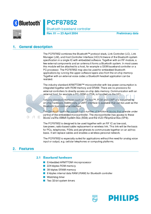 PCF87852 datasheet - Bluetooth baseband controller