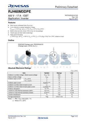 RJH60M3DPE datasheet - 600 V - 17 A - IGBT Application: Inverter