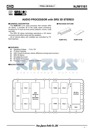 NJW1161 datasheet - AUDIO PROCESSOR with SRS 3D STEREO