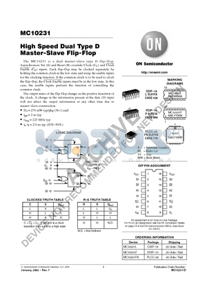MC10231 datasheet - High Speed Dual Type D Master-Slave Flip-Flop