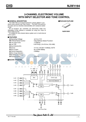 NJW1194V datasheet - 2-CHANNEL ELECTRONIC VOLUME WITH INPUT SELECTOR AND TONE CONTROL