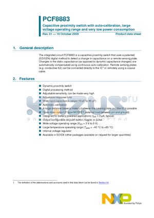 PCF8883 datasheet - Capacitive proximity switch with auto-calibration, large voltage operating range and very low power consumption