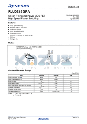 RJJ0315DPA-00-J53 datasheet - Silicon P Channel Power MOS FET High Speed Power Switching