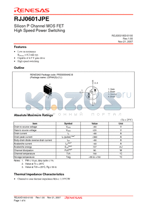 RJJ0601JPE-00-J3 datasheet - Silicon P Channel MOS FET High Speed Power Switching