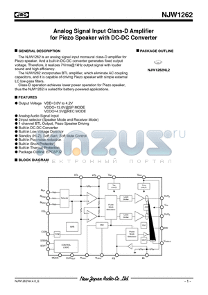NJW1262 datasheet - Analog Signal Input Class-D Amplifier for Piezo Speaker with DC-DC Converter