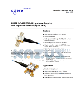 R192PDAA datasheet - R192P OC-192/STM-64 Lightwave Receiver with Improved Sensitivity (-18 dBm)