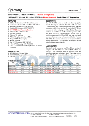 SPB-7940BWG datasheet - 1490 nm TX / 1310 nm RX , 3.3V / 1250 Mbps Digital Diagnostic Single-Fiber SFP Transceiver