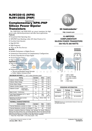 NJW1302G datasheet - Complementary NPN-PNP Silicon Power Bipolar Transistors