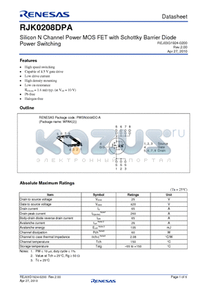 RJK0208DPA-00-J53 datasheet - Silicon N Channel Power MOS FET with Schottky Barrier Diode Power Switching