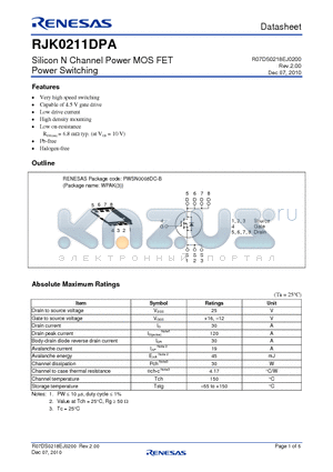 RJK0211DPA-00-J5A datasheet - Silicon N Channel Power MOS FET Power Switching