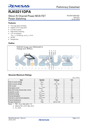 RJK0211DPA-00-J53 datasheet - Silicon N Channel Power MOS FET Power Switching