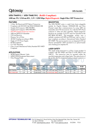 SPB-7960LWG datasheet - 1490 nm TX / 1310 nm RX , 3.3V / 1250 Mbps Digital Diagnostic Single-Fiber SFP Transceiver